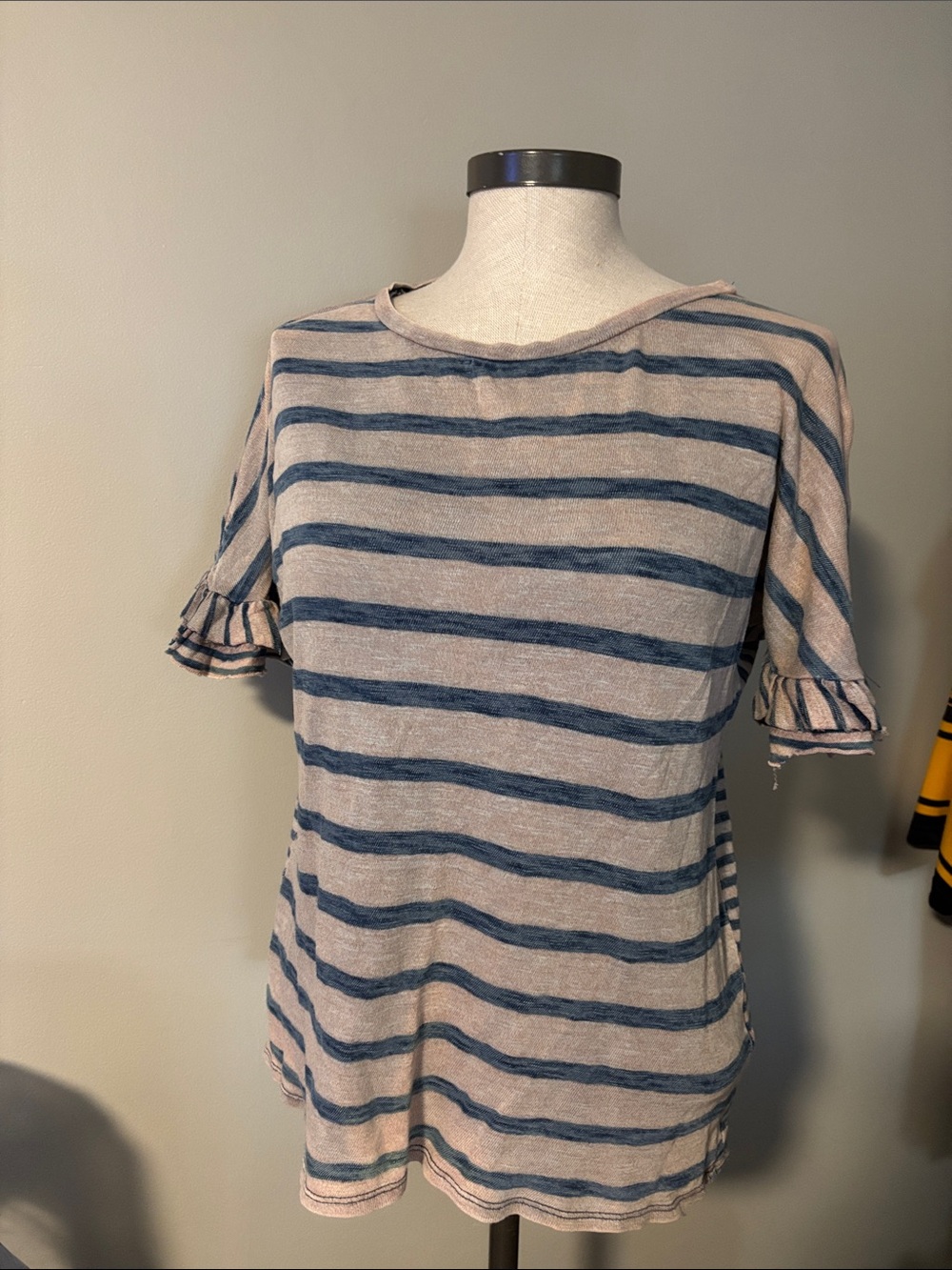 Lucky Brand Blue and Cream Striped Ruffle-Sleeve Tee